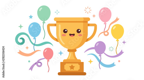 Smiling golden trophy surrounded by colorful party balloons.