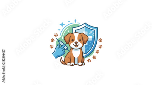 Puppy with medical shield and vaccine syringe icon.