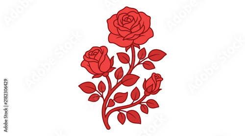 Red rose branch with leaves on white background.