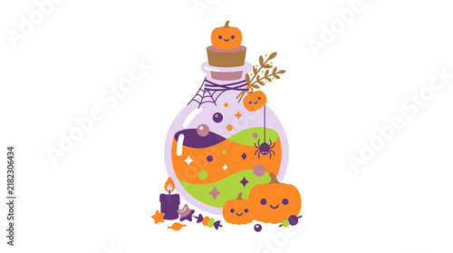 Kawaii Halloween potion bottle with pumpkin and magical brew.
