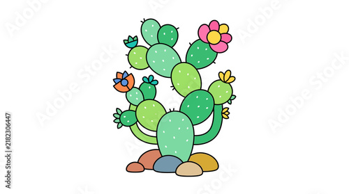 Potted cactus succulent with pink flowers on pebbles.