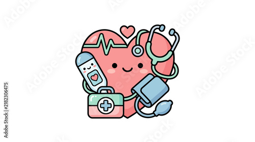 Smiling heart character with stethoscope and medical kit.