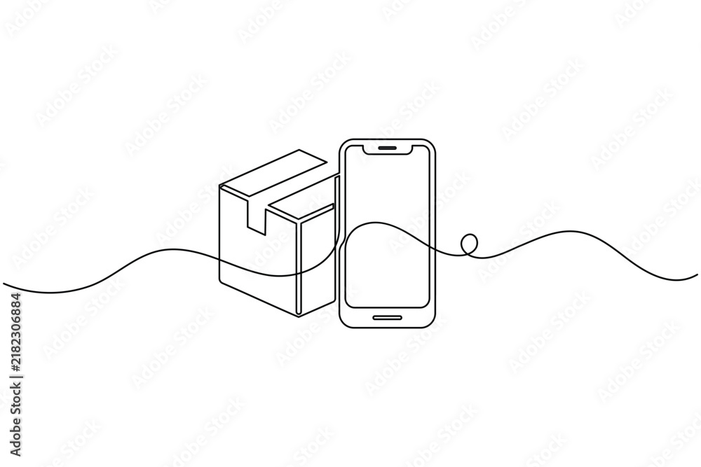Obraz premium Carton box delivery shopping one line art smartphone mobile order online tracking minimal line illustration