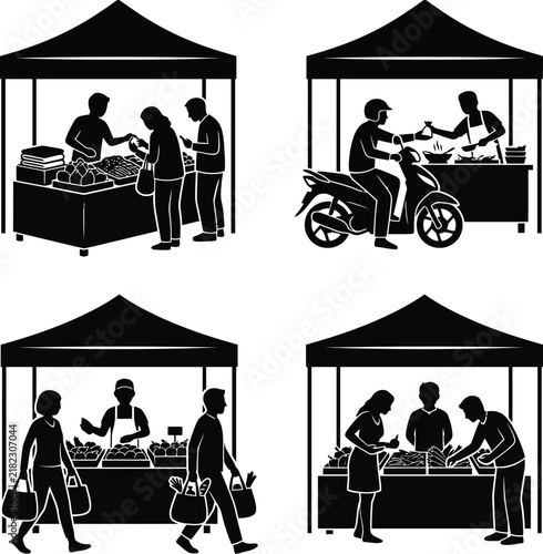 Street Market Stalls with Vendors and Customers Silhouette Design