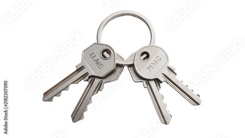 Canvastavla Metal keys with engraved letters on a ring, isolated on transparent background