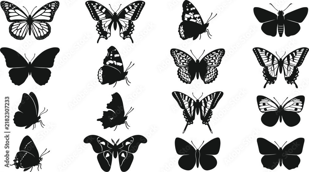 Fototapeta premium Black Butterfly Silhouette Vector Icon Set with Detailed Insect Wing Designs and Moth Elements for Stencil Laser Cutting and Graphic Layouts