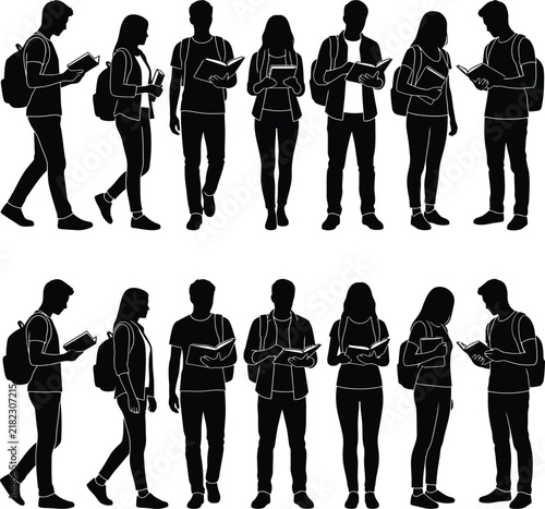 Group of Teenager Silhouettes with Books in Diverse Poses