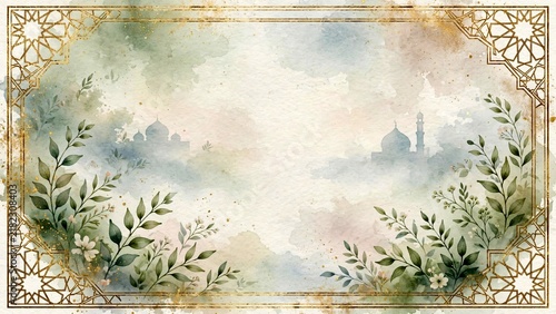 Islamic watercolor background with golden Islamic geometric frame and mosque