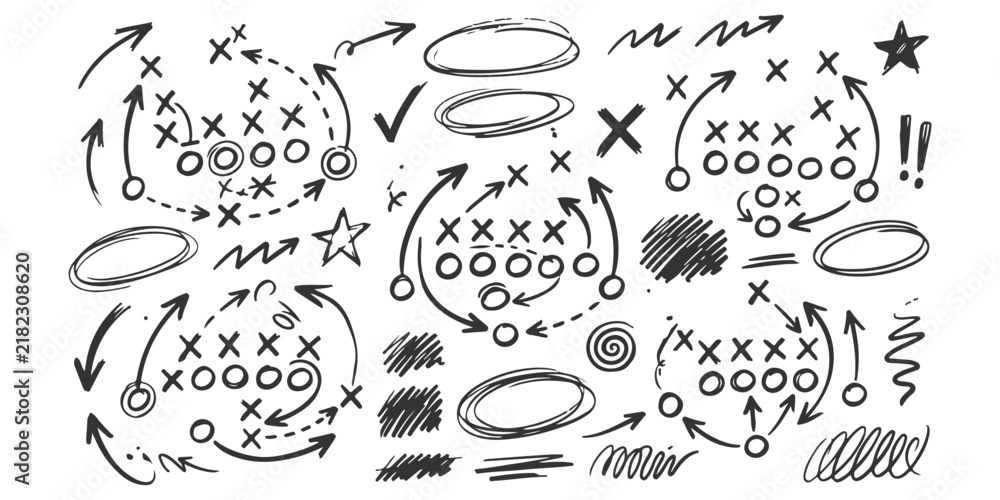 Obraz premium Hand drawn american football play diagrams and tactical sketches on a chalkboard