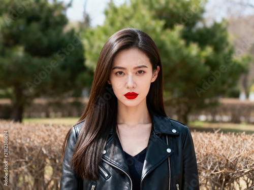 Confident Young Woman Portrait Wearing Black Leather Jacket and Red Lipstick Outdoors

