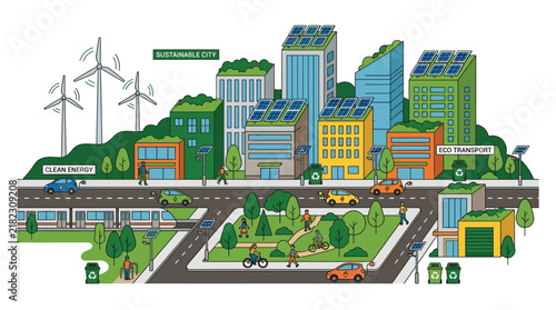 Sustainable eco friendly city with green buildings solar panels wind turbines electric cars and public park areas for a healthy urban environment