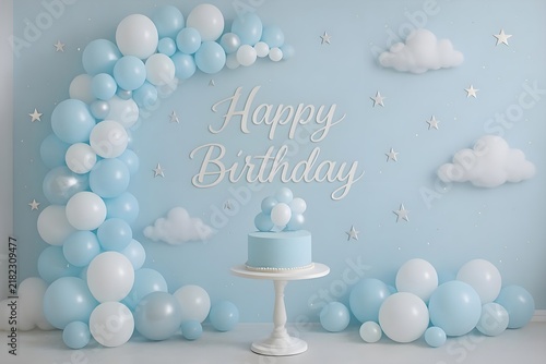 Happy Birthday Blue Balloon Backdrop With Cake On Pedestal For Party Celebration

