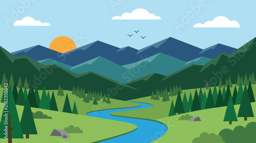 Flat vector illustration of a serene mountain landscape with a winding blue river, green pine forests, and a setting sun under a clear sky