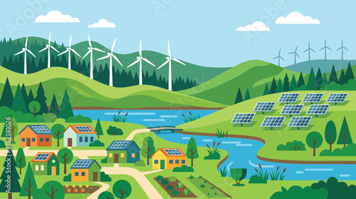 Sustainable Eco-Friendly Village Landscape with Wind Turbines, Solar Panels and Green Nature