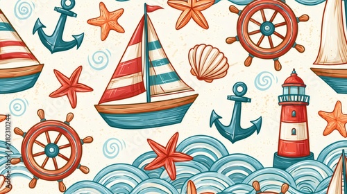 Nautical marine seamless pattern with sailing boat and lighthouse