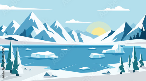 Serene Winter Landscape Featuring Majestic Snow Capped Mountains and a Peaceful Frozen Lake Under a Bright Morning Sun Illustration