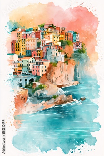 Manarola cinque terre village watercolor painting artwork