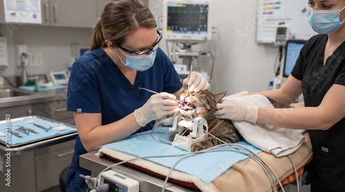 Dedicated veterinarian performing a professional dental cleaning procedure on a sedated tabby cat while a nursing assistant provides support in a sterile modern animal clinic
