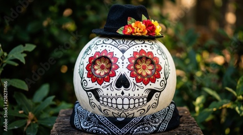 A beautifully painted sugar skull pumpkin decorated with a black fedora and a paisley bandana