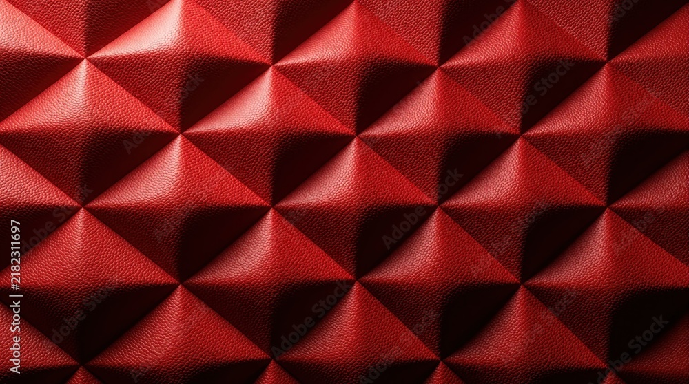 Obraz premium Deep red geometric abstract texture made from padded material. Diamond shapes form a repeating pattern with dramatic light and shadow play. Useful for backgrounds and design elements.