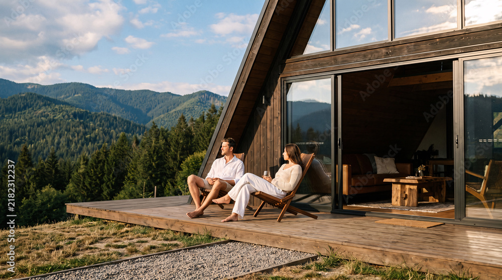 Fototapeta premium Description: A relaxed couple sit on wooden lounge chairs on the large terrace of a modern A‑frame cabin, admiring lush forest and rugged mountain scenery on a bright sunny day.