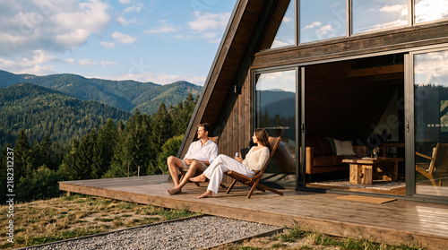 Description: A relaxed couple sit on wooden lounge chairs on the large terrace of a modern A‑frame cabin, admiring lush forest and rugged mountain scenery on a bright sunny day.
