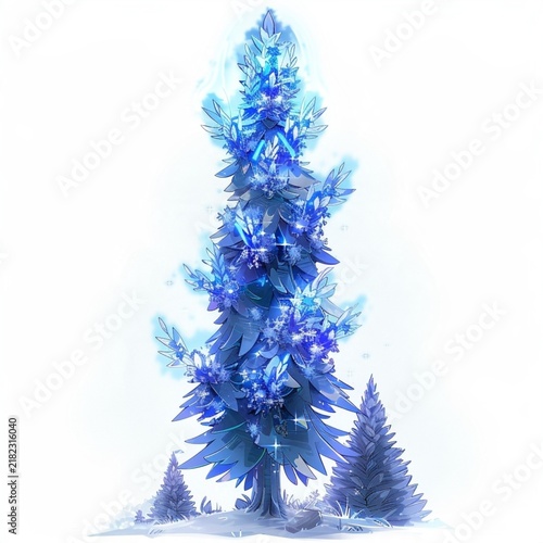 A tall structured Pine tree, glowing cool steel-blue holographic light core, blooming with precise geometric frost-blue star-shaped flowers.