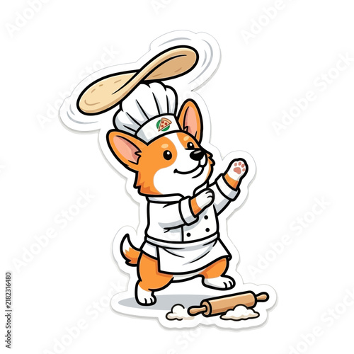 Cartoon corgi dog chef character tossing pizza dough in kitchen uniform.