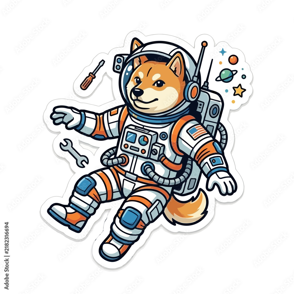 Obraz premium Shiba Inu Dog Astronaut Floating in Space with Tools.