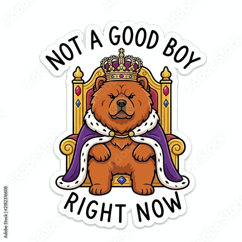 Humorous Chow Chow Dog Sitting on Golden Throne with Funny Text.