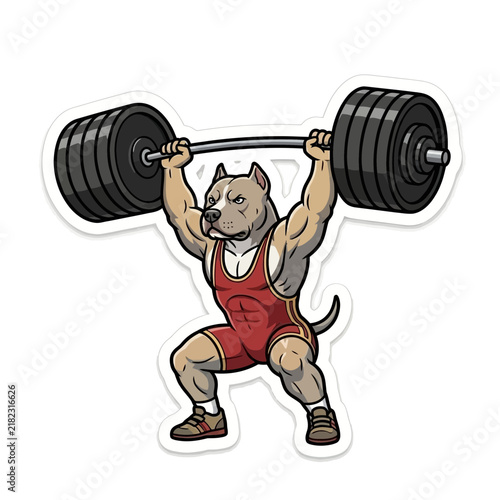 Muscular Pitbull Dog Athlete Lifting Heavy Barbell Weight in Gym.