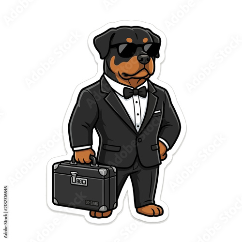 Professional Rottweiler Dog Character in Business Suit with Briefcase and Sunglasses.
