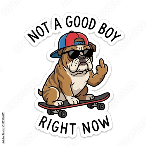 Rebellious bulldog wearing cap riding skateboard with attitude gesture.