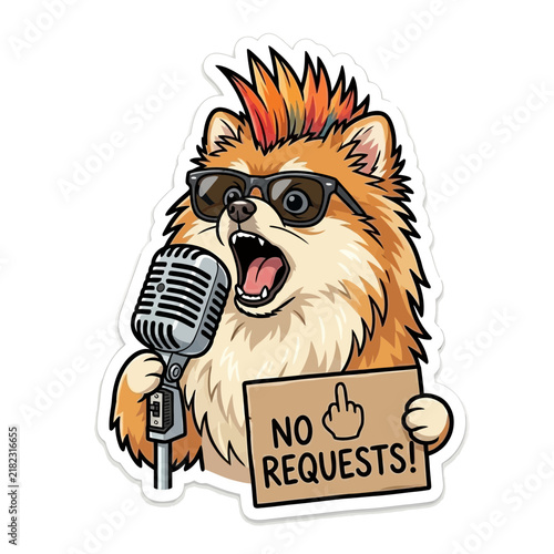 Punk Rock Dog Holding No Requests Sign with Microphone.