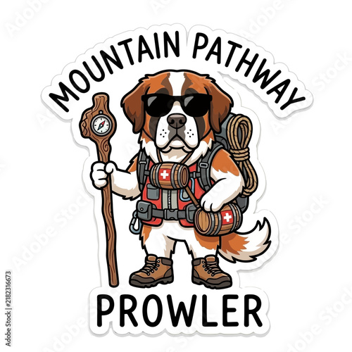 Saint Bernard dog dressed as a hiker with backpack and walking stick.