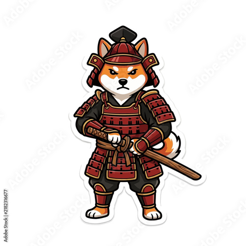 Shiba Inu dog character wearing traditional Japanese samurai armor with sword.