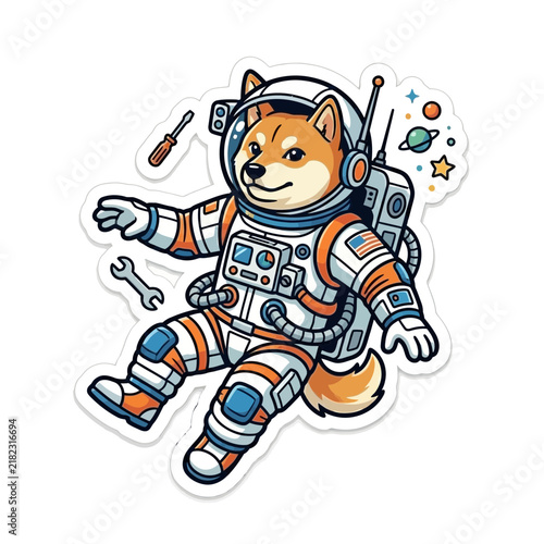 Shiba Inu Dog Astronaut Floating in Space with Tools.