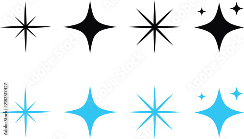 Set of black and blue star sparkle icons for design elements isolated on white background