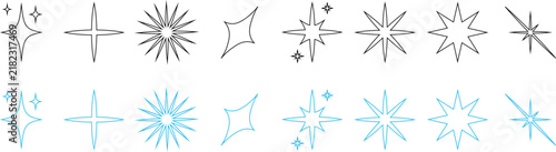 Set of black and white hand drawn star icons and sparkle shapes for graphic design elements