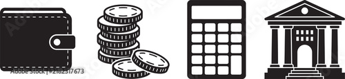 Fotografie Banking and finance icons set featuring wallets coins calculator and bank building for monetary transactions