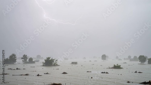 coastal landscape flooded by tsunami with debris and tree tops visible