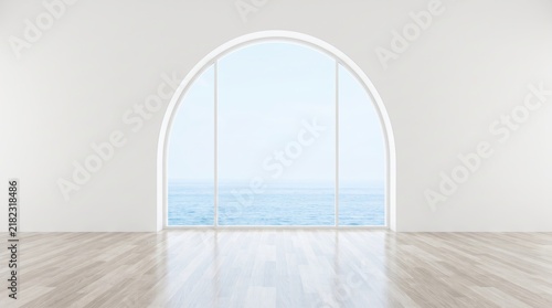 Minimalist empty white room interior featuring large arched window with breathtaking view of calm blue ocean sea and sky, serene atmosphere, luxury villa architecture