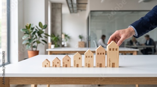 Businessman hand placing wooden house model at end of row showing growth progression, real estate investment, property value increase visualization, financial planning strategy