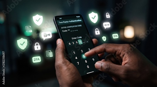 of hands holding smartphone entering two factor authentication code, digital security with floating shield and lock icons representing cyber safety, data protection