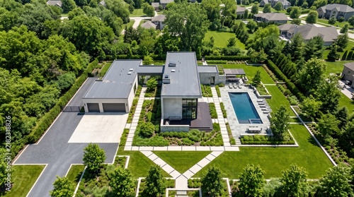 Aerial drone view of stunning modern luxury mansion with flat roof architecture, expansive green lawn and manicured landscaping, large rectangular swimming pool with lounge chairs
