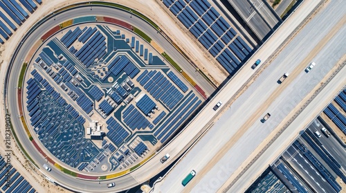 Aerial view of large solar power plant with photovoltaic panels arranged in circular pattern next to busy highway, renewable energy infrastructure, sustainable electricity