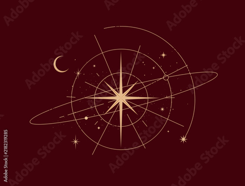 Bright glowing star in center surrounded by planetary orbits. Scientific astronomy concept drawing on red background.