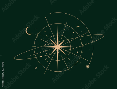 Bright glowing star in center surrounded by planetary orbits. Scientific astronomy concept drawing on green background.