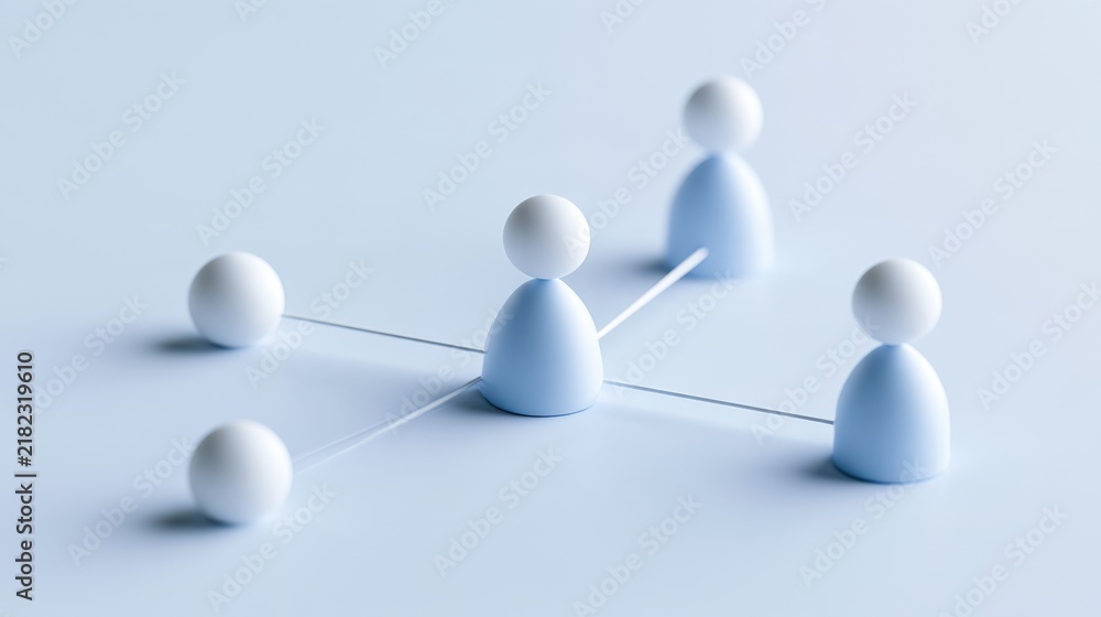 Obraz premium A simple conceptual image of connection and networking, using small figures to represent people linked by thin lines. The soft blue and white tones create a clean and modern aesthetic