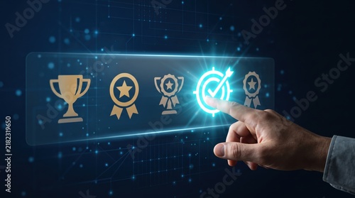 Futuristic hand touching glowing target icon on virtual screen, representing goal achievement, success, and winning strategy, digital interface with trophy and award symbols